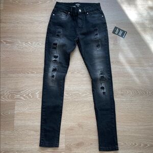 BOOHOO Men's Charcoal Distressed Skinny Jeans